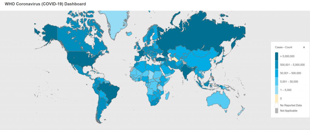 WHO coronavirus(COVID-19) Dashboard, Global COVID-19 distribution map