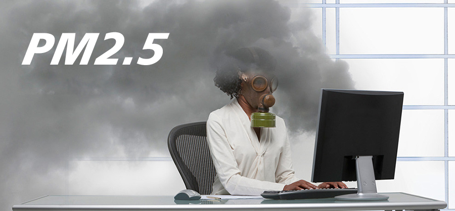 PM2.5, Indoor air pollution, Man wearing a mask in the office